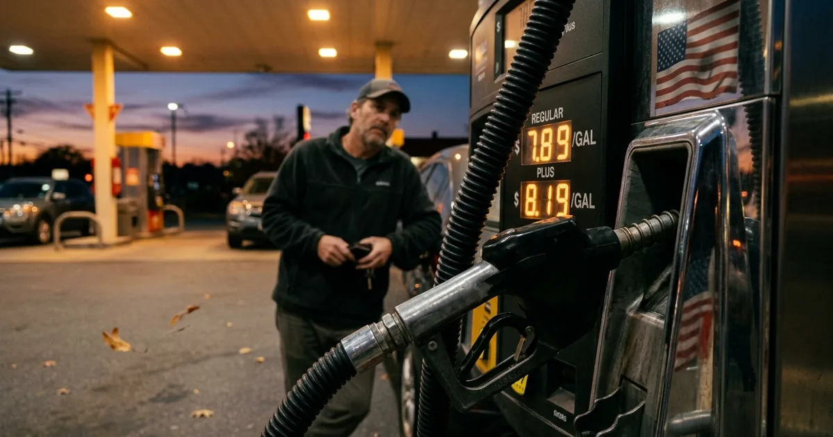 American driver in fleece jacket waits at a gas pump displaying .89 per gallon at dusk, illustrating the April 2026 inflation surge