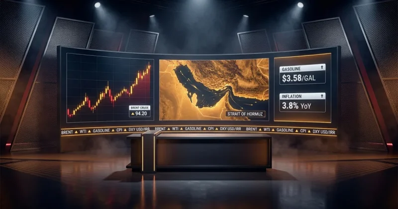 Broadcast news studio scene with curved video wall showing a Brent crude candlestick chart climbing, a glowing amber map of the Persian Gulf and Strait of Hormuz, and a stacked data panel reading gasoline 3.58 per gallon and inflation 3.8 percent year over year. A ticker bar runs across the bottom of the wall and a dark anchor desk sits in the foreground