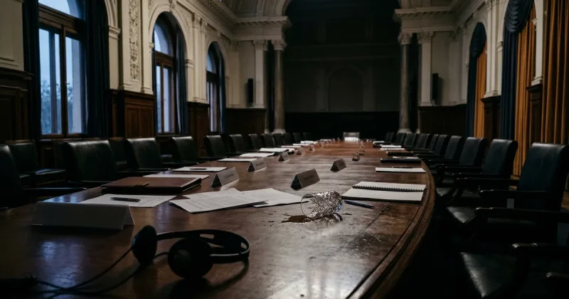 Empty conference room with scattered papers, tipped water glass, and abandoned translator headset evoking failed Iran ceasefire talks