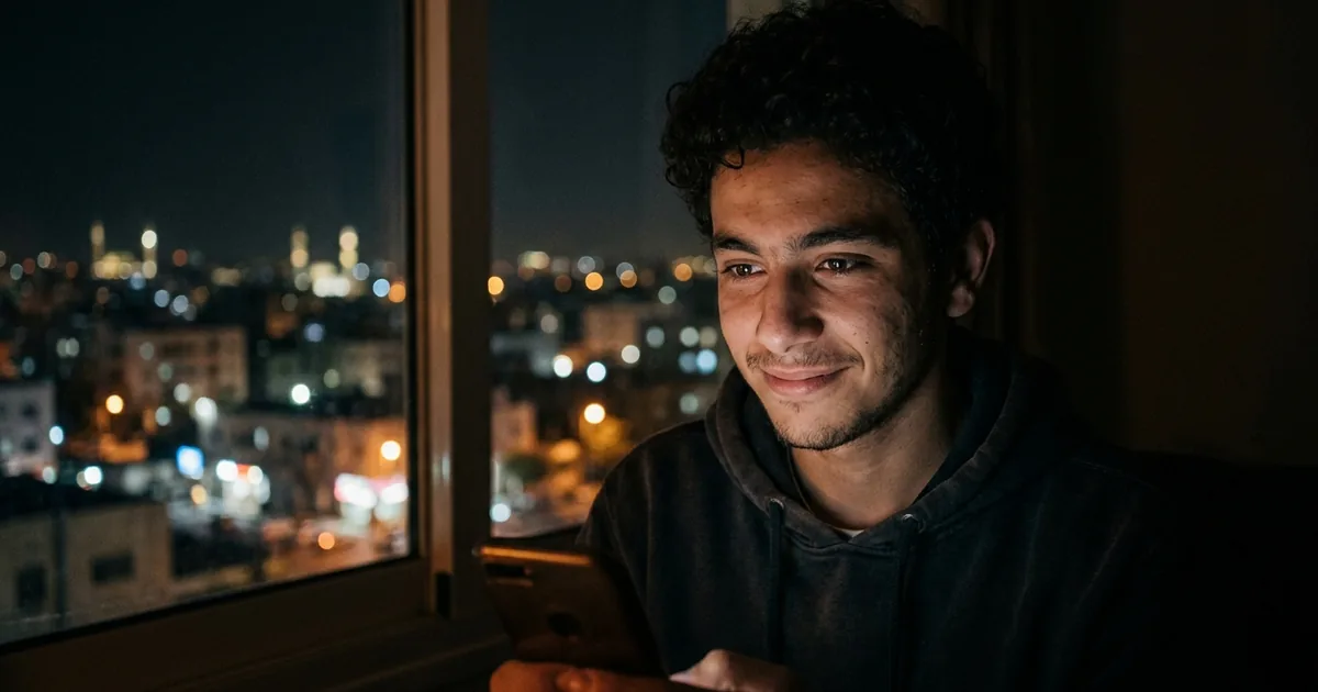 A young person looking at a glowing smartphone in a dim room with a Middle Eastern city skyline at night through the window