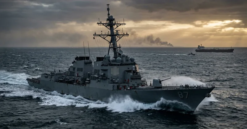 A US Navy guided-missile destroyer cuts through the Strait of Hormuz at dawn with a tanker and a smoke plume visible on the horizon