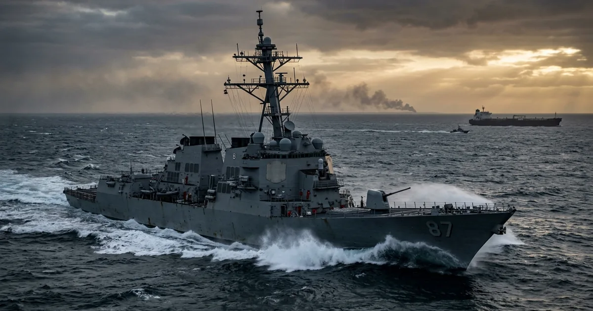A US Navy guided-missile destroyer cuts through the Strait of Hormuz at dawn with a tanker and a smoke plume visible on the horizon