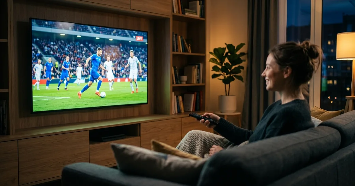 A viewer with a remote smiling at a living-room TV showing a live soccer match