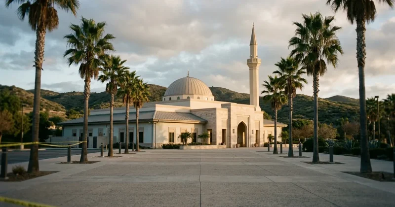 Exterior view of a contemporary American mosque at golden hour, viewed across an empty plaza with palm trees and Southern California hills in the background; faint yellow police tape visible at the lower edge of the frame