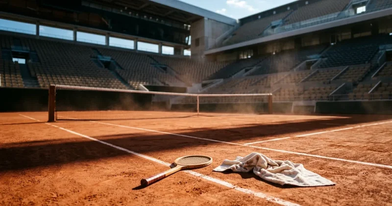 An abandoned tennis racket and towel lying on a sunlit red clay court in an empty stadium with long shadows