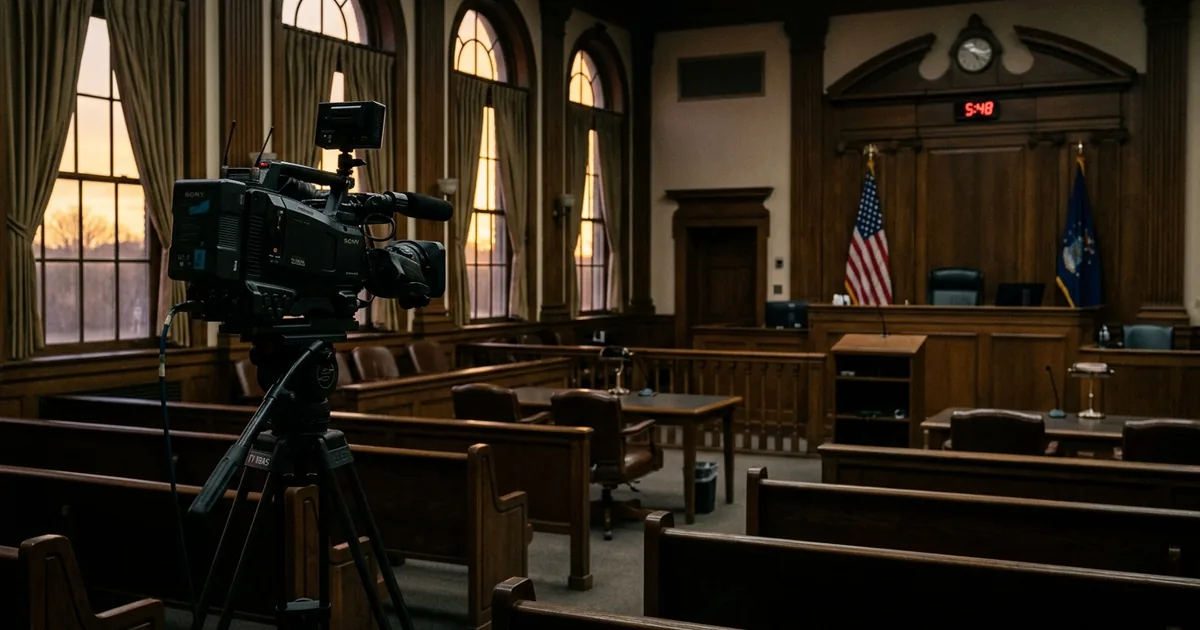An empty American state courtroom at dusk, with a professional broadcast television camera mounted on a tripod at the back of the room, framed toward the judge's bench, an American flag standing nearby.