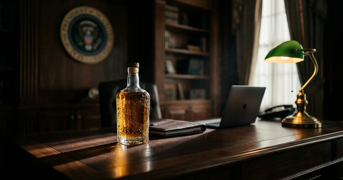 A single etched glass bottle of amber bourbon on a polished dark walnut desk, with an out-of-focus federal seal on a wood-paneled wall, a banker's lamp, a leather portfolio, and a closed laptop in soft warm light