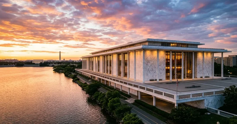The Kennedy Center for the Performing Arts in Washington D.C. at golden hour with the Potomac River and Washington Monument in the background