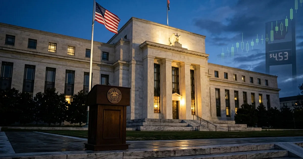 The Marriner S. Eccles Federal Reserve Building in Washington D.C. at twilight, with an empty news-press podium in the foreground and a faint candlestick chart and .53 gas-price digit board overlaid in the background