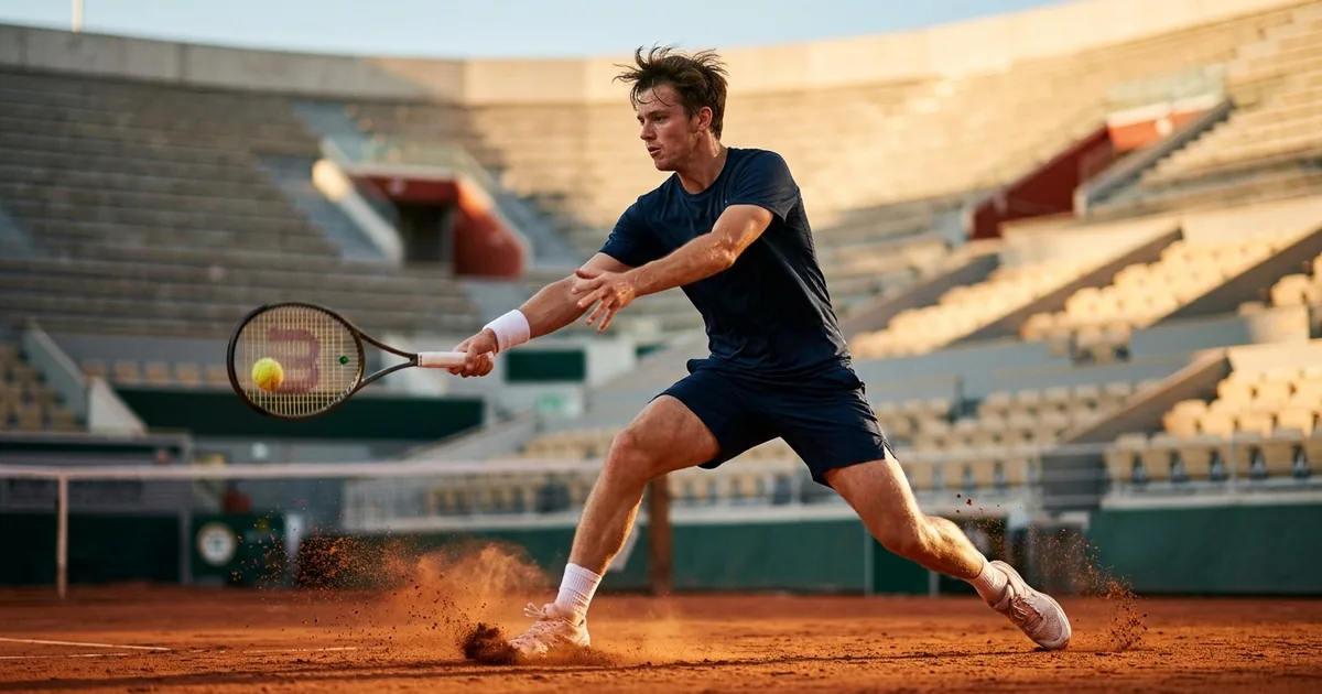 A young male tennis player mid-swing on a red clay court with stadium stands behind him in golden light