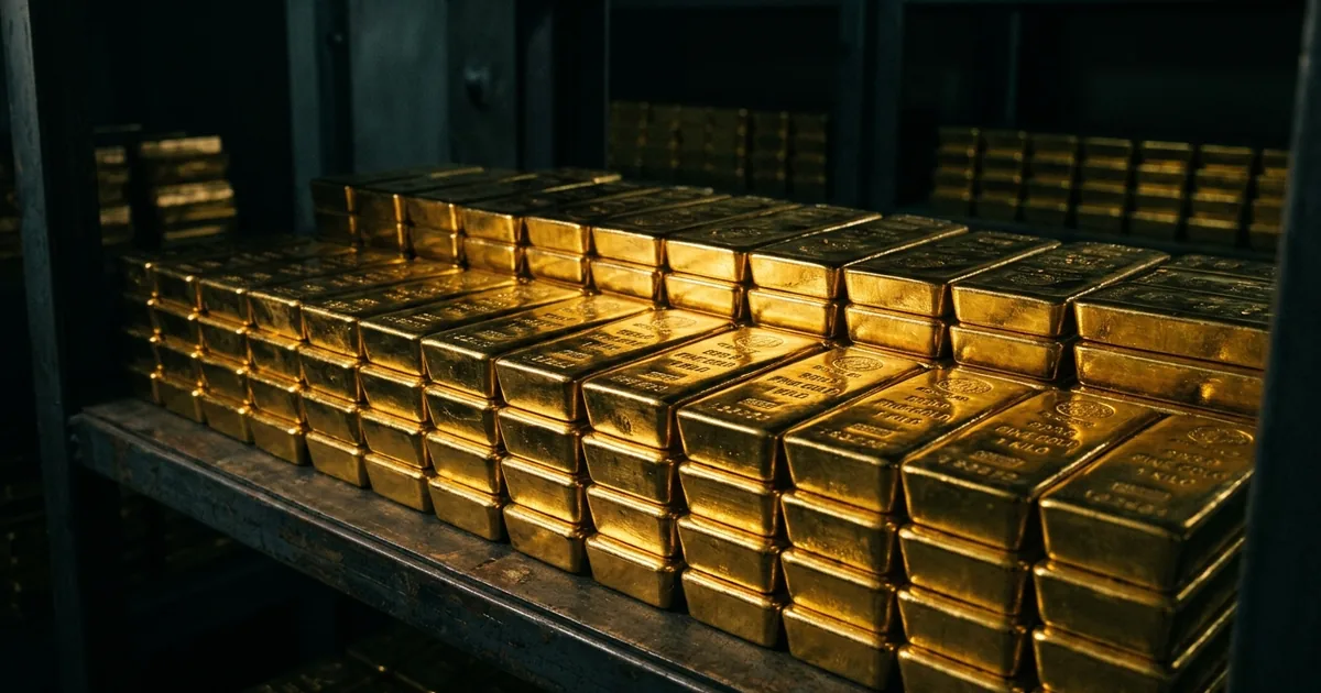 Rows of gold bars stacked on shelves in dramatic side lighting