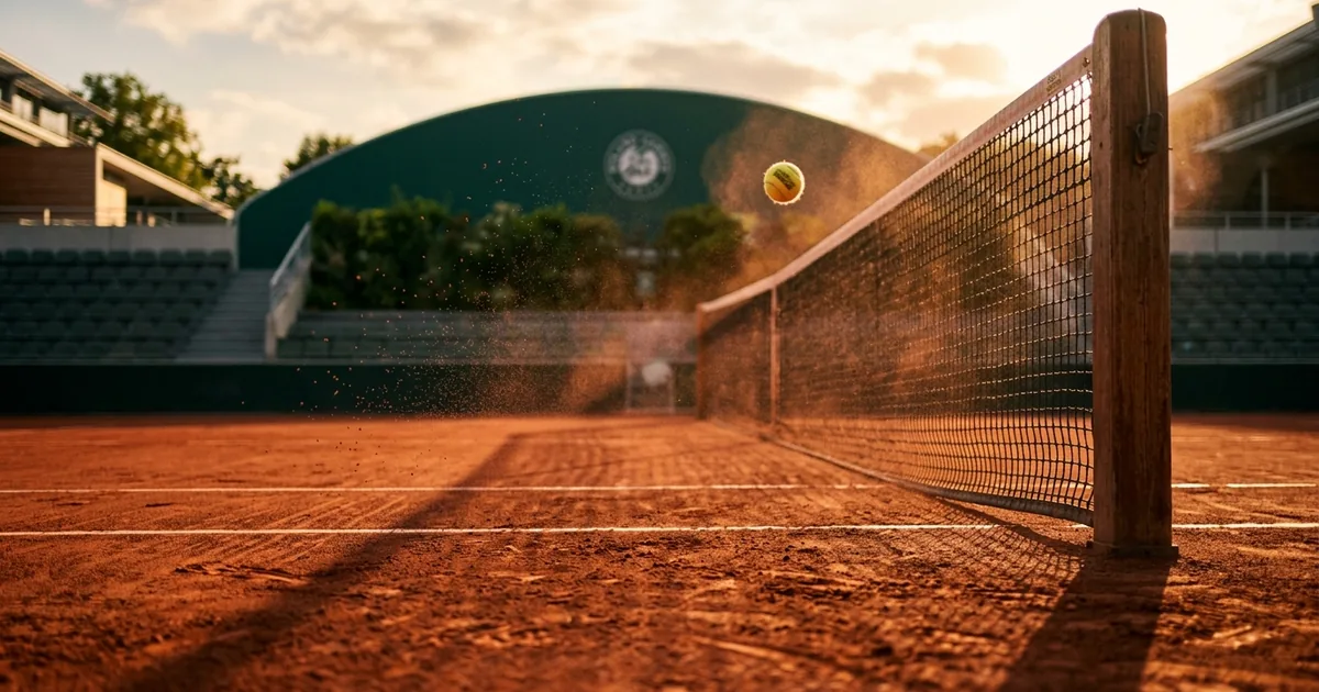 Clay tennis court at Roland Garros with ball crossing the net in golden afternoon light