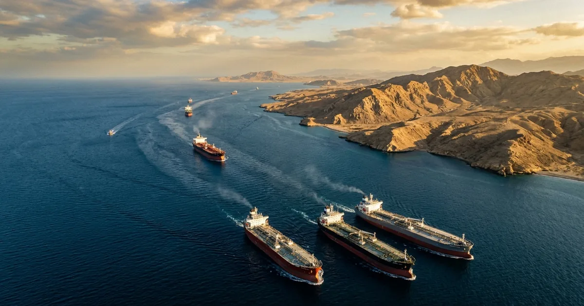 Oil tanker ships navigating a narrow strait with arid mountains in golden light