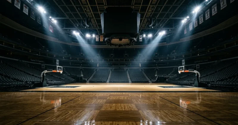 Empty professional basketball arena with dramatic spotlight beams on gleaming hardwood court
