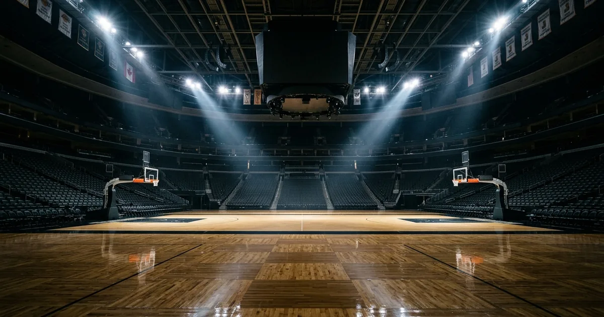 Empty professional basketball arena with dramatic spotlight beams on gleaming hardwood court