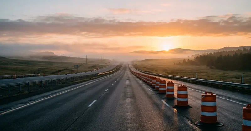 Empty interstate highway at dawn with orange construction zone barrels in morning mist