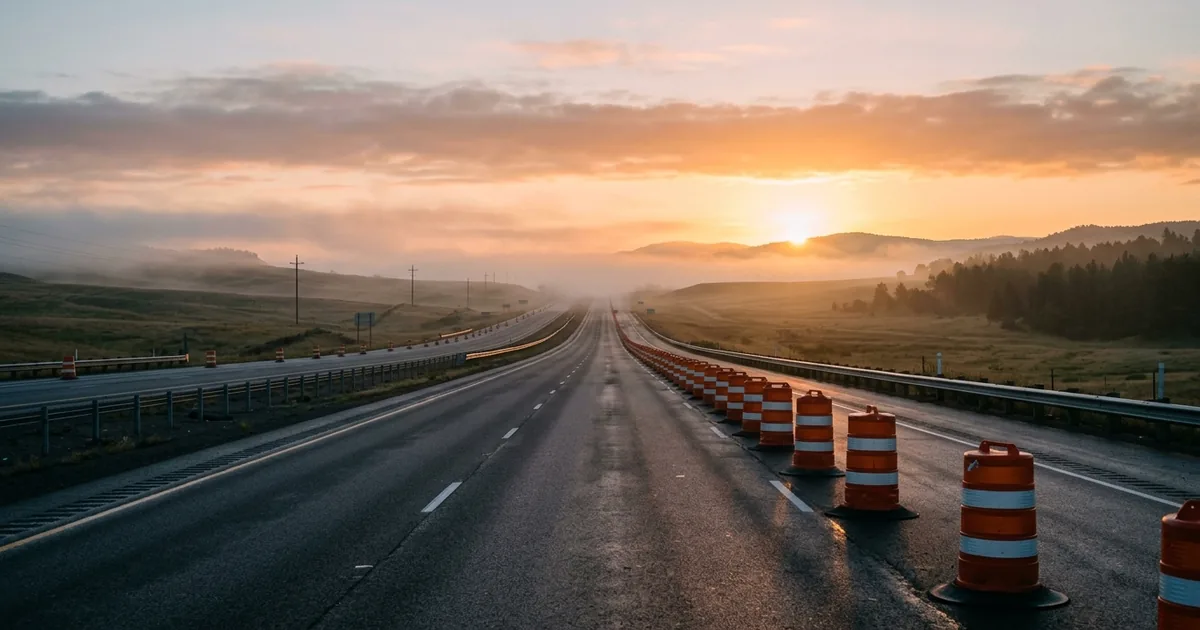 Empty interstate highway at dawn with orange construction zone barrels in morning mist