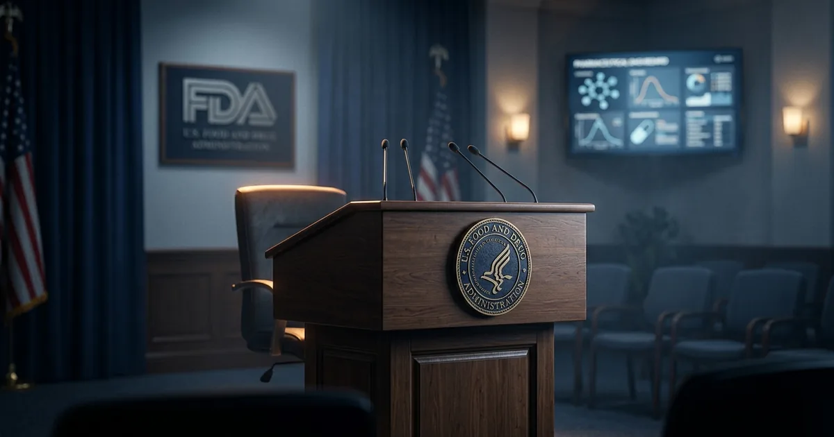 Empty wooden press-briefing podium with the U.S. Food and Drug Administration seal in a dim federal press room, suggesting an unfilled commissioner post