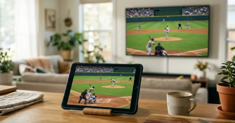 A baseball game streaming on a tablet on a table with the same game on a living-room TV behind it