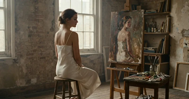 A young woman in a slip dress sits on a stool in a sunlit London artist's studio facing an easel with her unfinished oil portrait