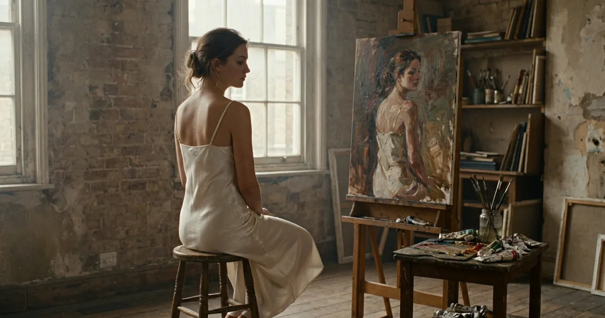A young woman in a slip dress sits on a stool in a sunlit London artist's studio facing an easel with her unfinished oil portrait