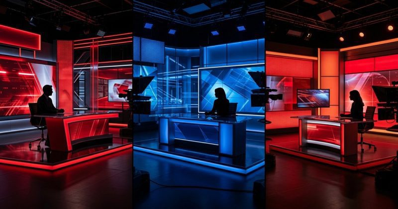 Three side-by-side news studio composite showing distinct red and blue branding