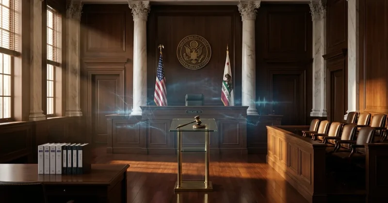 Empty federal courtroom interior with elevated judge's bench, twelve-seat jury box, and lectern, lit by warm golden-hour light through tall windows with a subtle cool-blue atmospheric glow representing the artificial intelligence subject of the proceedings