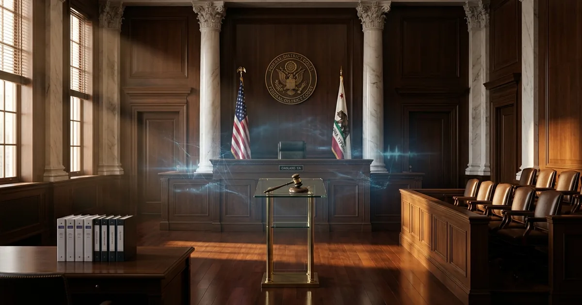 Empty federal courtroom interior with elevated judge's bench, twelve-seat jury box, and lectern, lit by warm golden-hour light through tall windows with a subtle cool-blue atmospheric glow representing the artificial intelligence subject of the proceedings