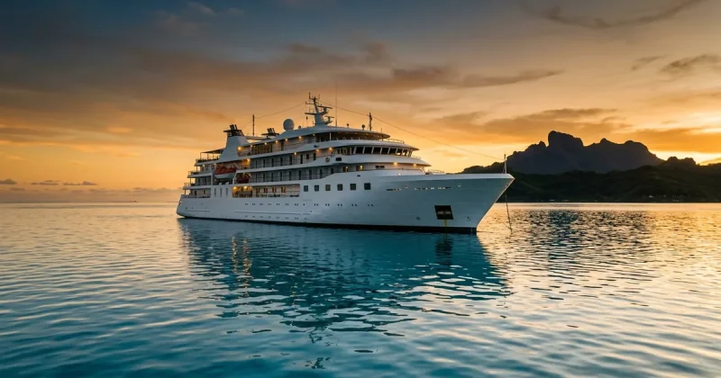 Small white expedition cruise ship anchored on calm tropical water at golden hour with a volcanic island silhouette on the horizon