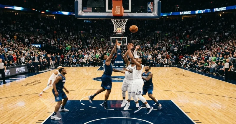 NBA playoff basketball game with players competing near the hoop in a packed arena