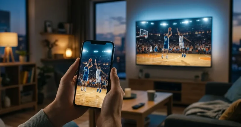 A pro basketball game streaming on a smartphone in the foreground with the same game on a living-room TV behind it