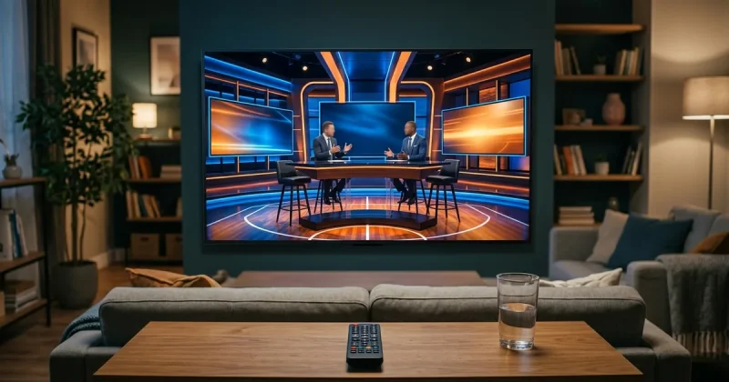 A basketball studio broadcast with two analysts at a desk shown on a large living-room TV