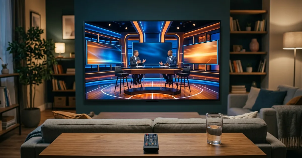 A basketball studio broadcast with two analysts at a desk shown on a large living-room TV