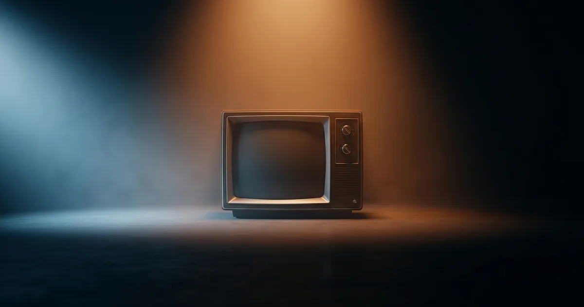A vintage television set with a powered-off screen sits under a fading warm spotlight as cold blue light encroaches from one side