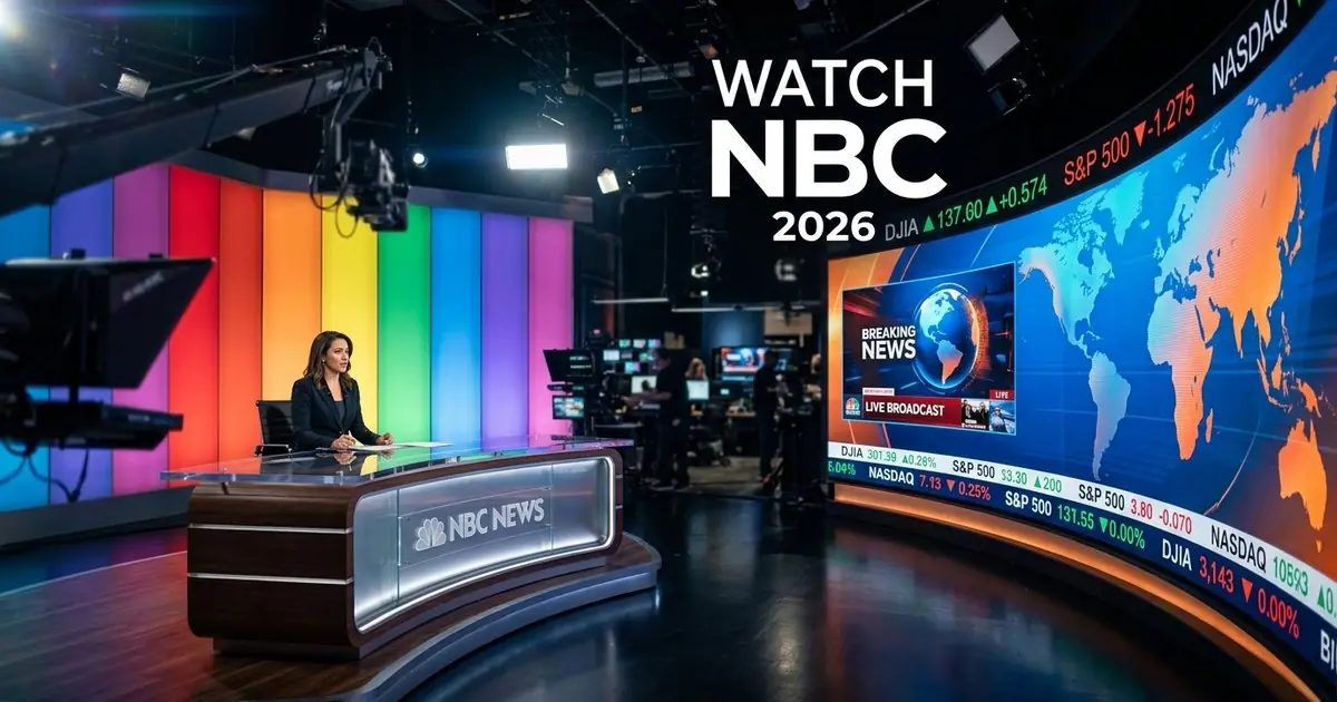 NBC News broadcast studio with anchor desk and rainbow peacock-color video wall, watch NBC live stream 2026