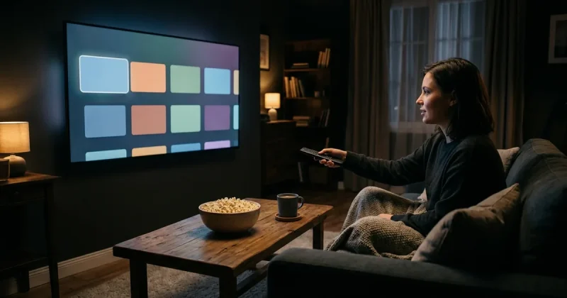 A person with a remote browsing a generic streaming interface of colorful tiles on a living-room TV with popcorn on the table