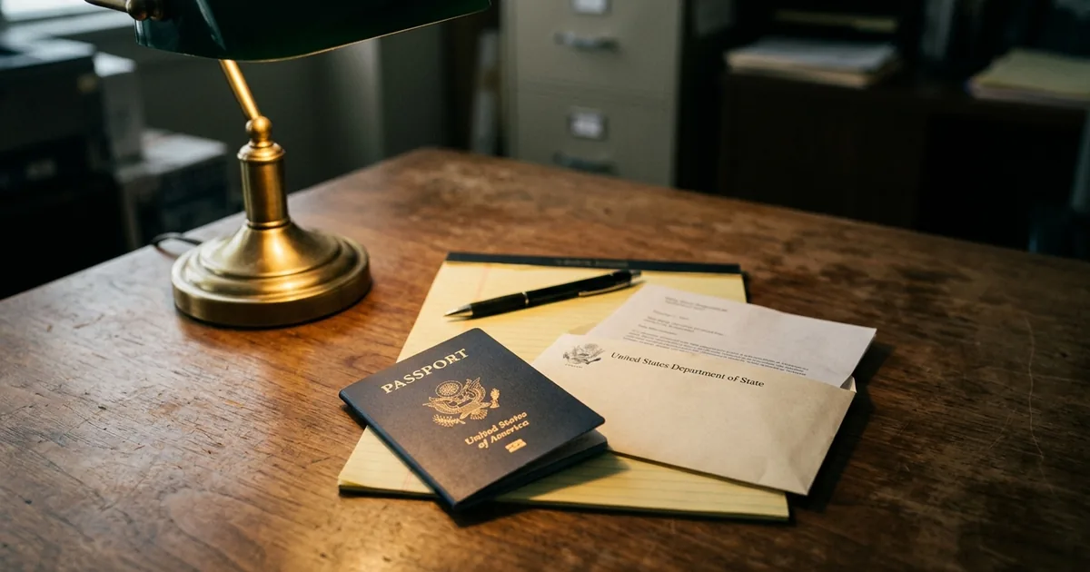 A US passport on a wooden desk next to an open envelope from the United States Department of State and a legal pad