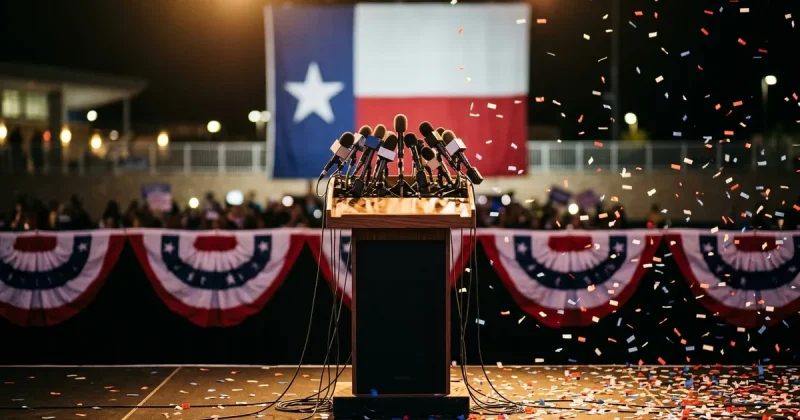 An empty podium crowded with news microphones in front of a Texas flag on election night, confetti in the air