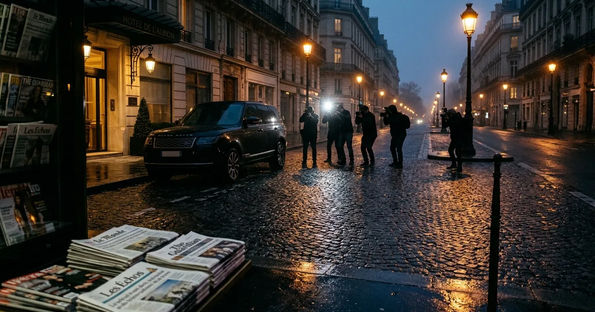 Paparazzi photographers with cameras and a single flashbulb burst gathered around a black SUV outside a Parisian hotel at dusk, with a newspaper kiosk in the foreground