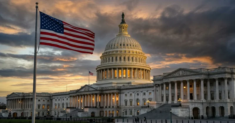 United States Capitol building at twilight with American flag and dramatic clouds
