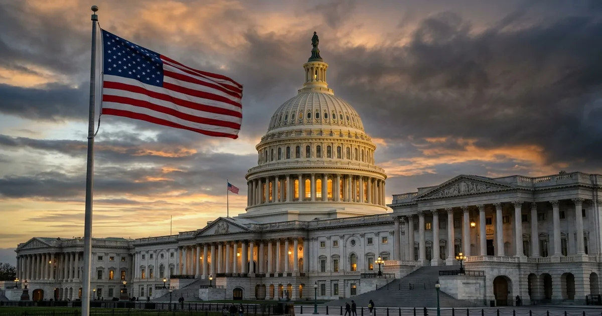 United States Capitol building at twilight with American flag and dramatic clouds