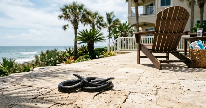 Two glossy black snakes coiled together on a stone patio at a Florida beachfront home with palm trees and ocean behind