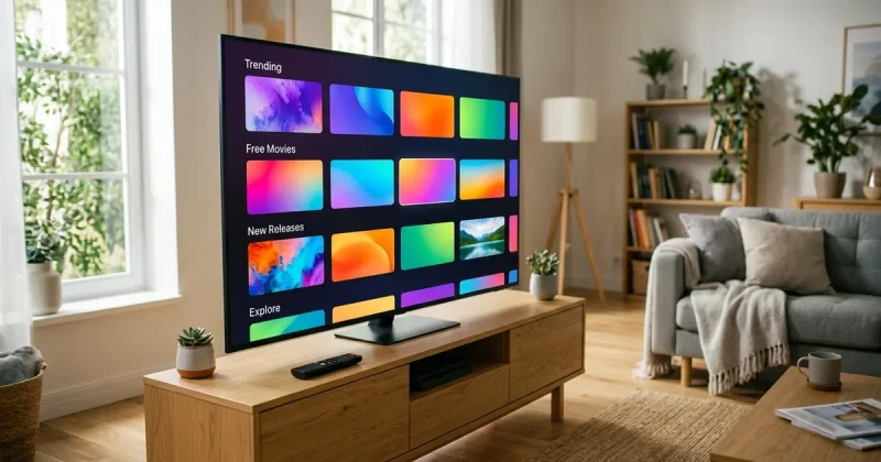 A bright living-room TV showing a colorful free-streaming home screen full of content tiles