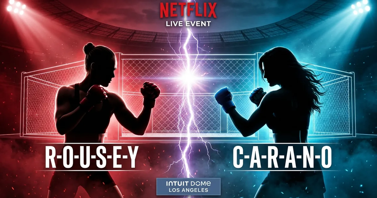 Versus composite poster for the Rousey vs Carano Netflix MMA event with a red-glow silhouette of a fighter in fight stance labeled ROUSEY on the left and a cyan-glow silhouette labeled CARANO on the right separated by a lightning seam, Netflix Live Event wordmark above, Intuit Dome Los Angeles panel below