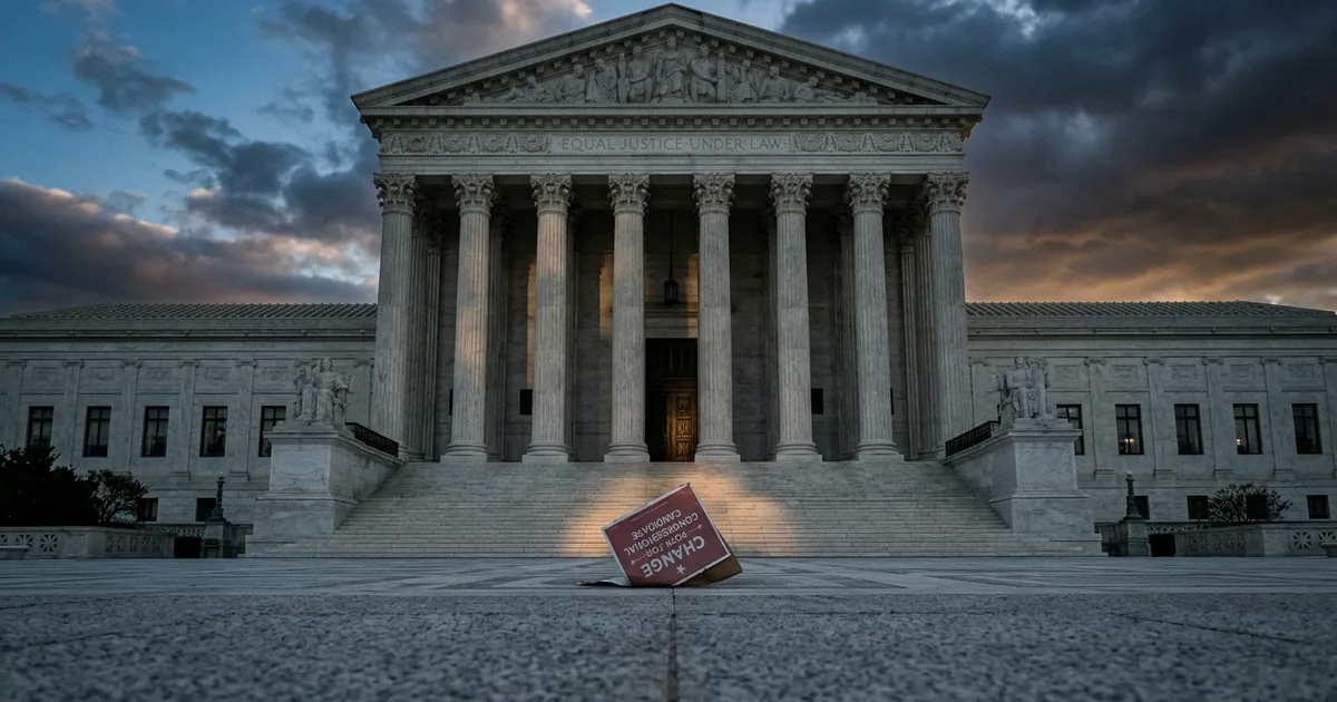 Supreme Court of the United States exterior at sunset with a face-down campaign sign on the plaza, evoking the Court's vacatur of the Alabama redistricting order