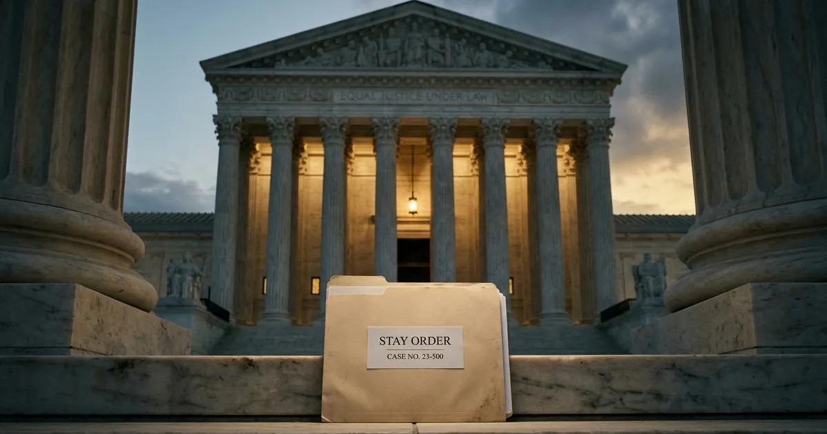 The U.S. Supreme Court building west facade at dusk with marble columns lit and a closed case folder resting on the topmost marble step in the foreground