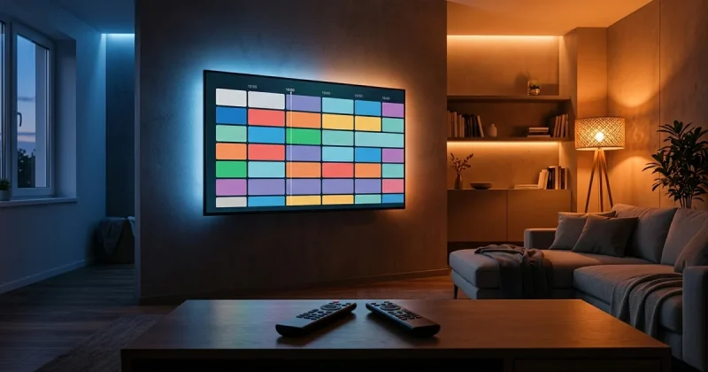 A channel-guide grid on a living-room TV with orange and blue accent lighting in the room