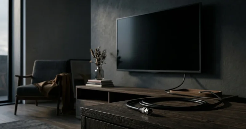 An unplugged black coaxial cable on a console in front of a dark switched-off wall-mounted television