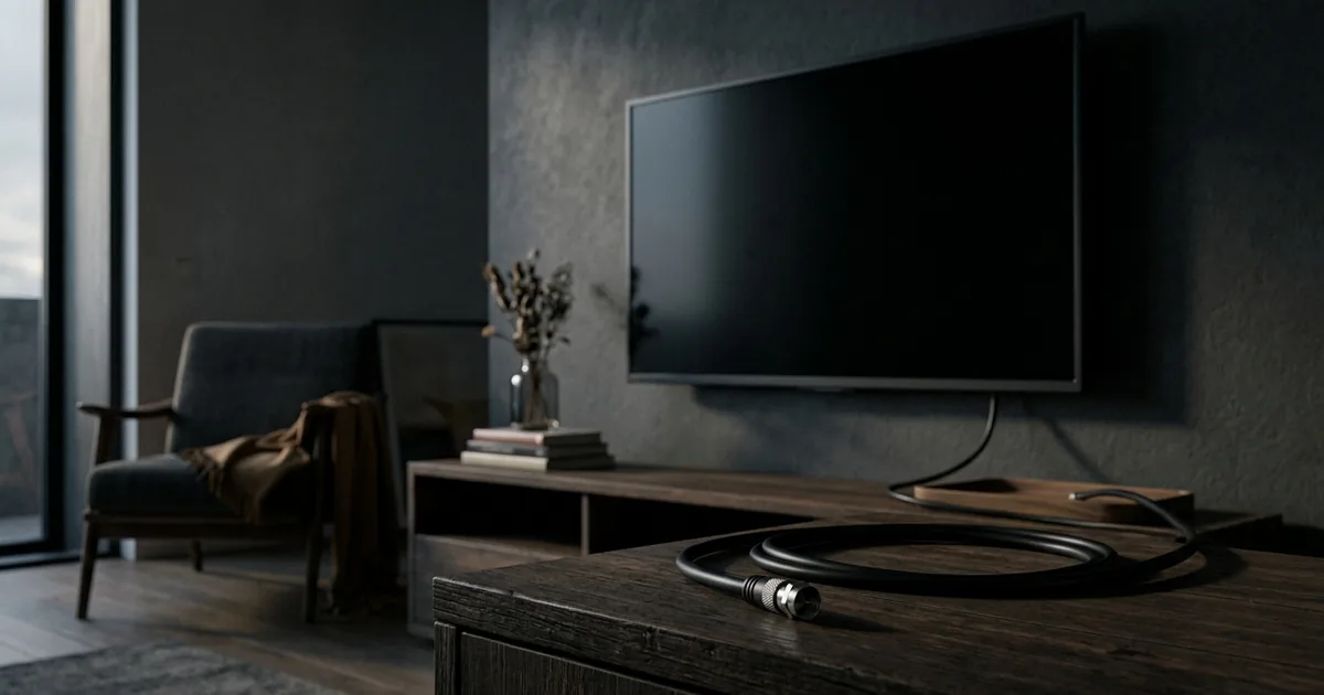 An unplugged black coaxial cable on a console in front of a dark switched-off wall-mounted television