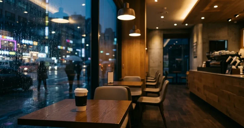 A near-empty upscale coffee shop in Seoul at dusk, rain on the windows with blurred city lights outside and a single abandoned paper cup on a wooden table